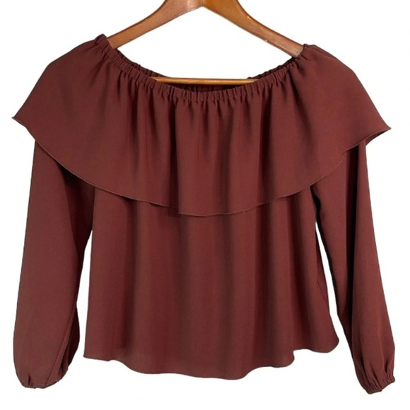 WILFRED Morel Off The Shoulder Blouse Burgundy Ruffle Elastic Balloon Sleeve XXS - Picture 2 of 11